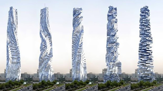 An artist's impression shows a rotating skyscraper that is to be built in Dubai, in various stages of movement.