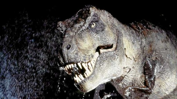 A raging Tyrannosaurus rex, as depicted in the 1993 movie <em>Jurassic Park</em>.
