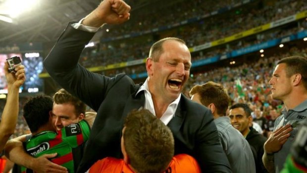 Rabbitohs coach Michael Maguire celebrates winning the 2014 NRL grand final.