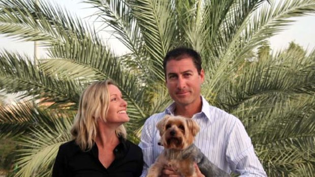 Marcus Lee in Dubai with his wife, Julie, and Yorkshire terrier Dudley.