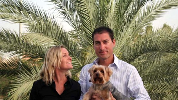 Marcus Lee in Dubai with his wife, Julie, and Yorkshire terrier Dudley.