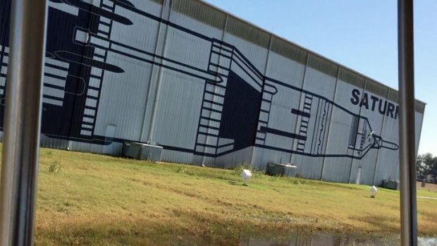 The building which houses the Saturn V at Rocket Park, as seen from the tour tram on the way to Mission Control.