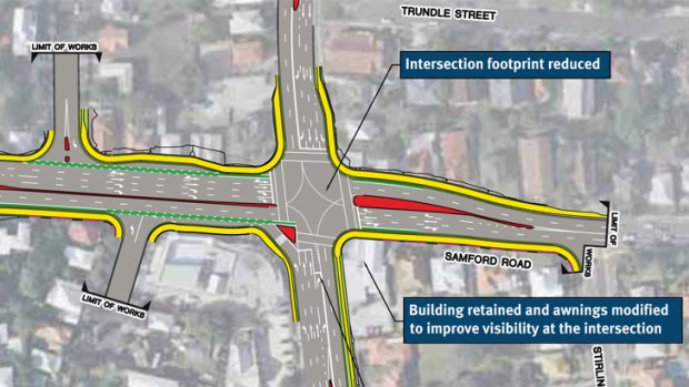 A detail of revised plans for the intersection upgrade. <B><A href= http://images.brisbanetimes.com.au/file/2012/06/26/3406378/large-intersection.jpg?rand=1340704439284 > SEE IT IN FULL </a></b>