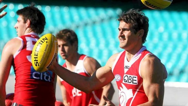 Making a mark: Josh Kennedy at Swans training this week. He leads the AFL for contested possessions and is second for clearances.
