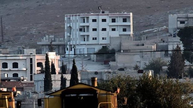 Islamic State militants raise their flag on a building on the eastern edge of Kobane.