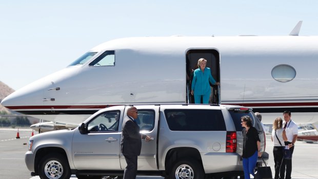 Democratic presidential candidate Hillary Clinton arrives on her campaign plane at Reno-Tahoe International Airport.