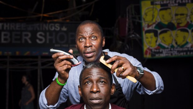 Actors Cyril Nri and Abdul Salis star in <I>Barber Shop Chronicles</I>.