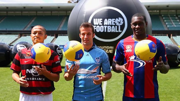 Star attractions: Shinji Ono of Western Sydney Wanderers, Alessandro Del Piero of Sydney FC and Emile Heskey of Newcastle Jets pose during the A-League Season launch last month.
