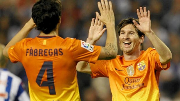 Lionel Messi (R) scored his 21st hat-trick for Barcelona.