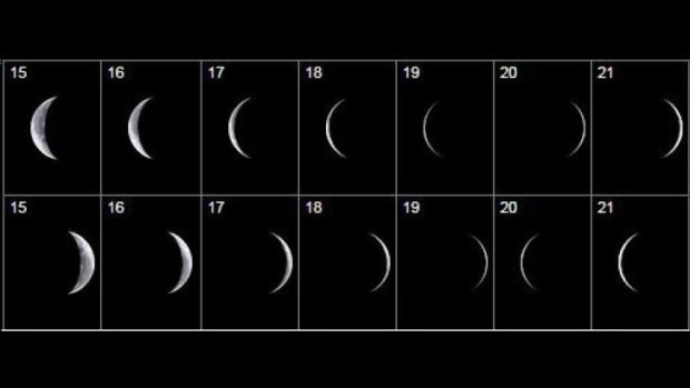 February's moon phases in the northern hemisphere (top) compared to in the southern hemisphere. 