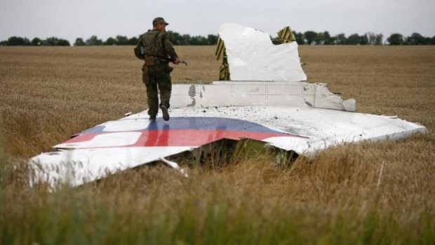An armed pro-Russian separatist stands on part of the wreckage of the Malaysia Airlines plane near Grabovo.