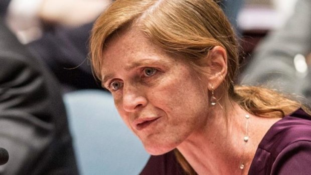 United States UN Representative Samantha Power speaks at a United Nations Security Council  meeting about the ongoing Ukrainian-Russian conflict.