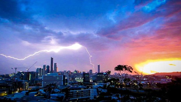 Lightning strikes inner Brisbane during Sunday's storm.