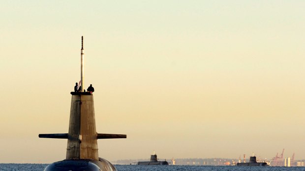 HMAS Collins (foreground) rendezuous with HMAS Waller (centre) and HMAS Rankin.