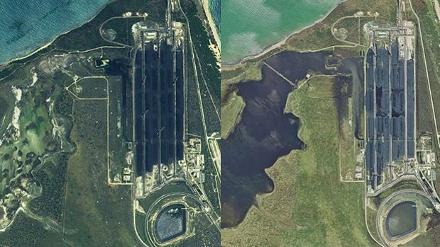 Satellite images of the Abbot Point coal terminal and neighbouring wetlands. Before Cyclone Debbie on the left and post-cyclone on the right.