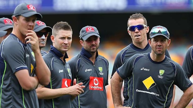 From left: Josh Hazlewood, Mike Hussey, Michael Clarke, Ed Cowan, Peter Siddle and Ricky Ponting.