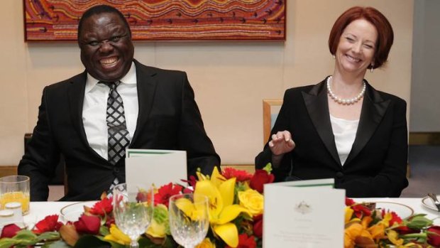 Breaking the ice: Prime Minister Morgan Tsvangirai has lunch with Julia Gillard at Parliament House yesterday.