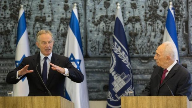 Second stop: Tony Blair in Jerusalem on Tuesday, July 15, at a joint press conference with outgoing Israeli President Shimon Peres.
