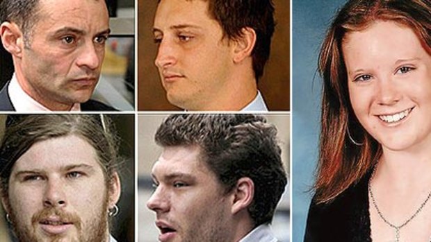 Brodie Panlock, right, and the men convicted and fined for their relentless bullying, clockwise from top left: Marc Luis Da Cruz, Nicholas Smallwood, Rhys MacAlpine and Gabriel Toomey.