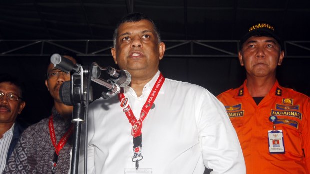 AirAsia CEO Tony Fernandes during a press conference at the crisis center at Juanda International Airport in Surabaya, East Java, Indonesia, on Tuesday.