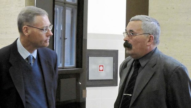 In defence … Palfreeman’s father, Simon (at left) with lawyer Dinko Kanchev.