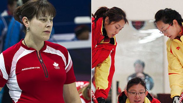 Bumps and smooth running  ... Kristie Moore, five months pregnant, and, right, "Betty" Wang Bingyu of China has her stone swept by team-mates Yue Qingshuand and Zhou Yan.