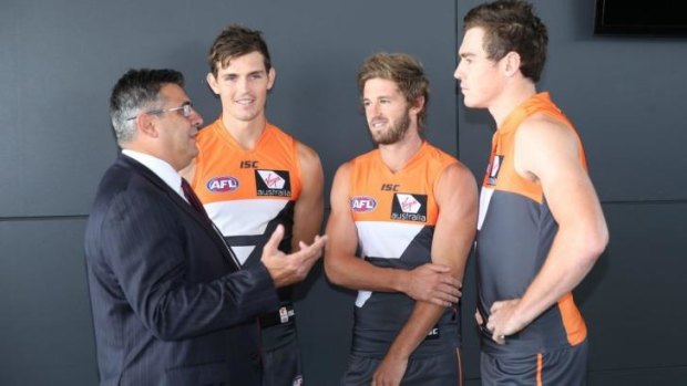 Andrew Demetriou speaks to Giants players at the media launch of the Sydney derby with the Swans.