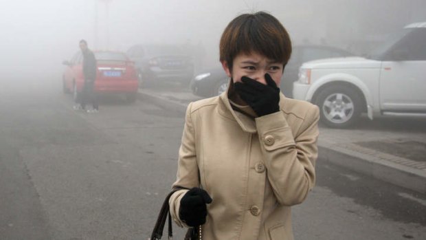 A woman walks along a road as heavy smog engulfs the city of Harbin, in northeast China.