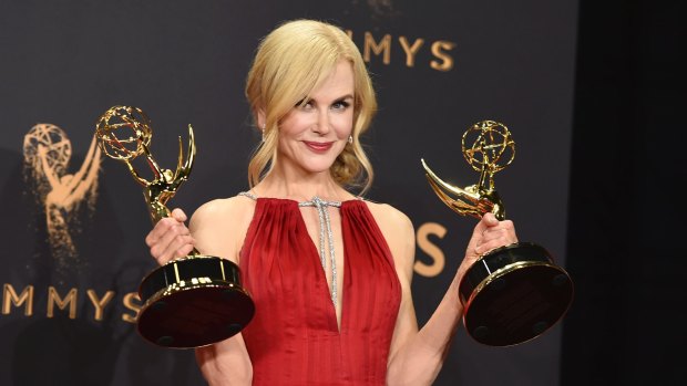 Nicole Kidman poses with her awards for outstanding lead actress in a limited series or a movie and outstanding limited series for Big Little Lies.