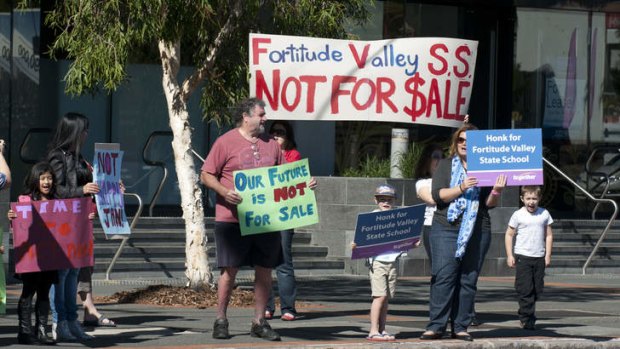 Parents protesting the possible sale of Fortitude Valley State School on Saturday.