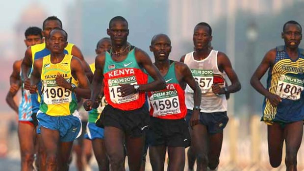 Eventual race winner John Kelai of Kenya heads the pack during the marathon.