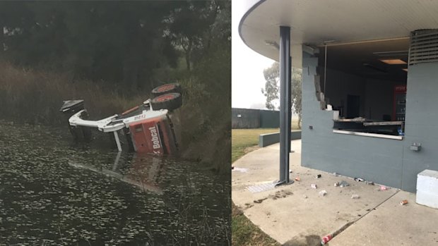 The bobcat was left dumped in a pond, after damaging parts of the field, including the canteen