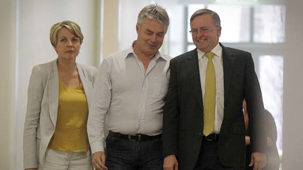 After the ballot: Anthony Albanese with MPs Alan Griffin and Tanya Plibersek.
