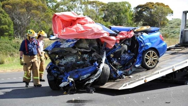 The wreckage of the Subaru, hit head-on by the speeding BMW on the Princes Freeway.