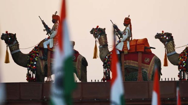 High drama ... mounted officers rehearse on Raisina Hill.