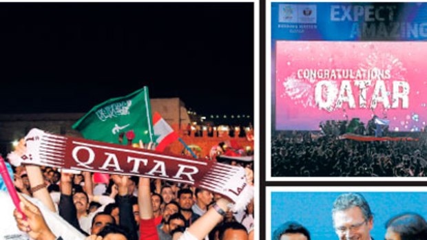 Qatar heroes... (clockwise, from above) Qatari fans in Doha celebrate the awarding of the 2022 World Cup (top). Bid chairman Sheikh Mohammed bin Hamad (above left), FIFA secretary-general Jerome Valcke and Qatar's Emir Sheikh Hamad bin Khalifa come to grips with the World Cup.