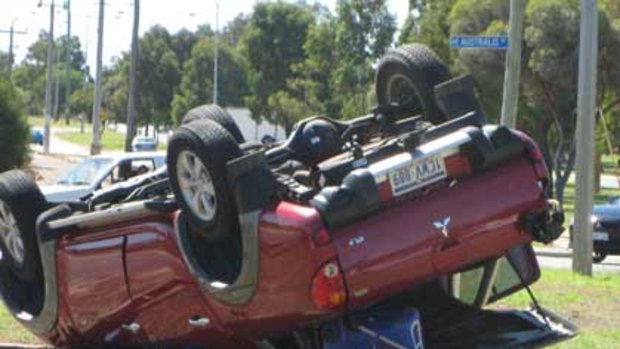 An assailant crashes this Mitsubishi Triton, ending a two-hour police chase in Perth. <i>Photo: Joseph Sapienza.</i>