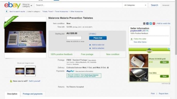 Malaria medication for sale on eBay.