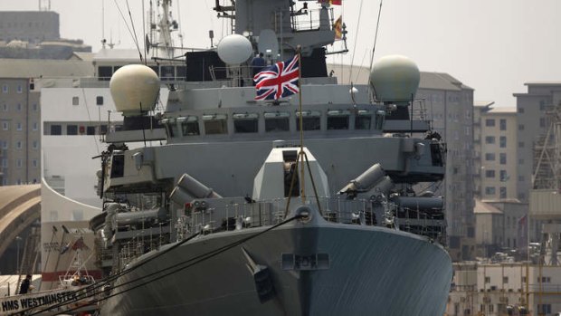 Britain's Royal Navy warship HMS Westminster sits docked in Gibraltar after the ship arrived for what Britain's government said was a planned naval exercise in the Mediterranean.