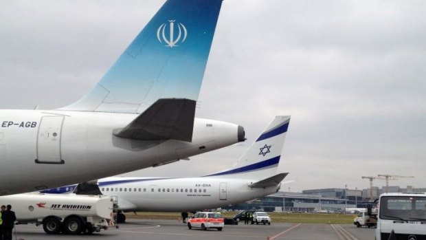 The Iranian aircraft of President Hassan Rouhani (left) stands alongside the aircraft of Israeli Prime Minister Benjamin Netanyahu   at Zurich airport in Switzerland.