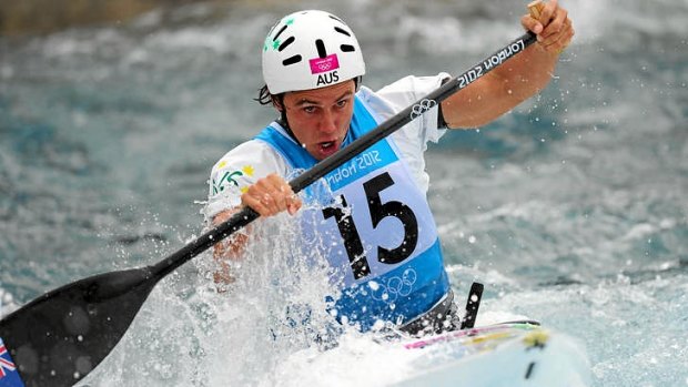 Australian Kynan Maley competes in the London Olympics men's canoe slalom final at the Lee Valley White Water Centre.