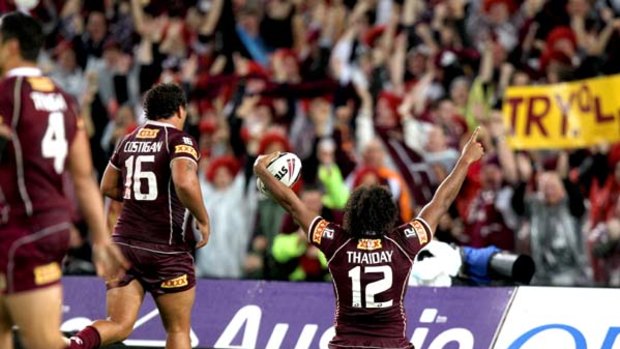 That seals it . . . Queensland second-rower Sam Thaiday celebrates after his try late in the second half, which ensured the Maroons won the State of Origin series opener at ANZ Stadium last night.