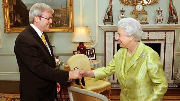 The Queen greets the then prime minister Kevin Rudd during a private audience at Buckingham Palace in 2009.