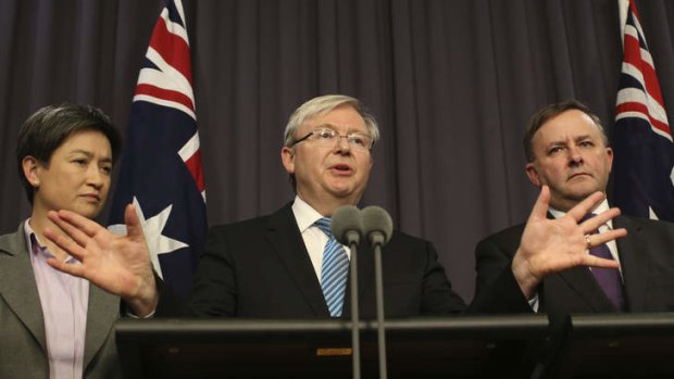 Prime Minister Kevin Rudd with Anthony Albanese and Penny Wong.