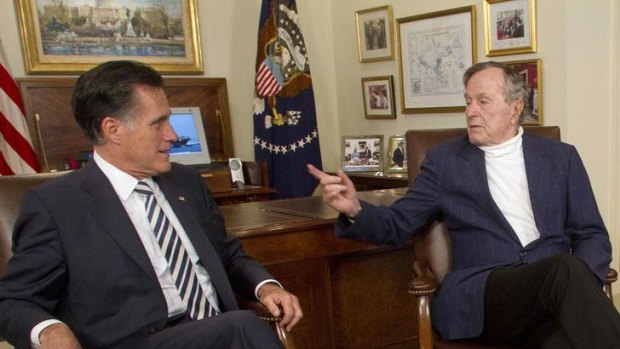 Republican presidential candidate Mitt Romney picks up the formal endorsement of former president George H.W. Bush in Houston.