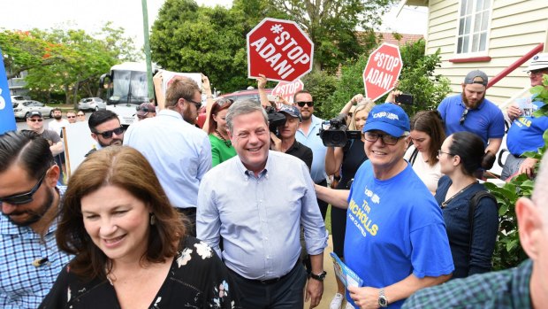 Queensland Opposition Leader Tim Nicholls was also confronted by anti-Adani protesters during his campaign.