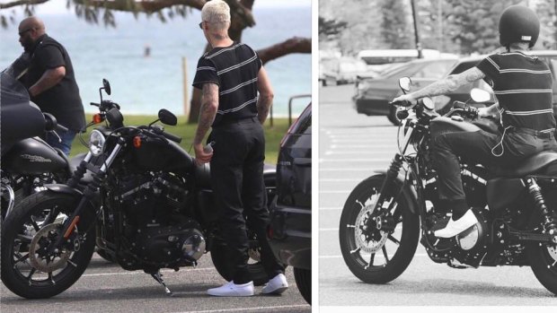 Justin Bieber rides a Harley through City Beach on Wednesday.