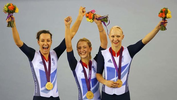 Winners ... Joanna Rowsell, right, with Dani King, left, and Laura Trott.
