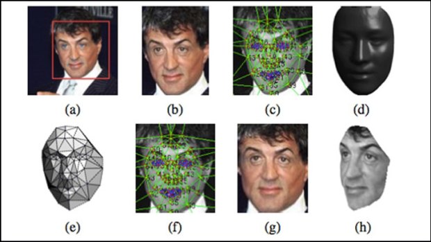 From an original image of a face (a), DeepFace makes a 3-D model (d), which it can then rotate to generate images of the same face at different angles (g, h), which it can then match to different photos of the same person.