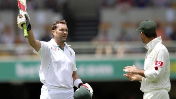 Jacques Kallis celebrates his century, to the applause of Ricky Ponting.